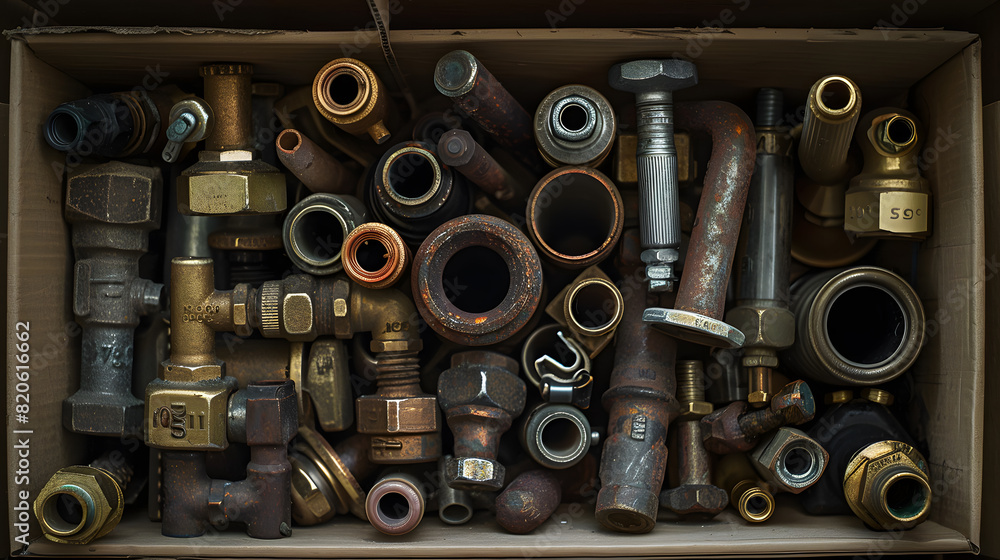 Brass fixtures and valves collected in a bin